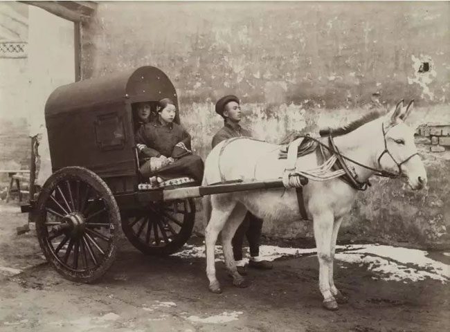 A photograph of a cart pulled by horses.