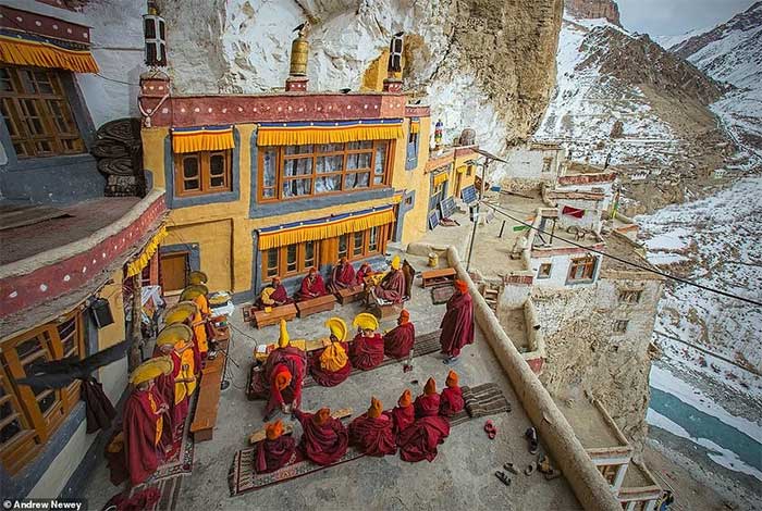 Morning prayer at Phugtal Monastery