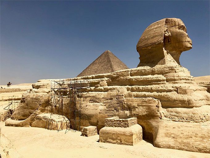 The Great Sphinx has been partially eroded by time.