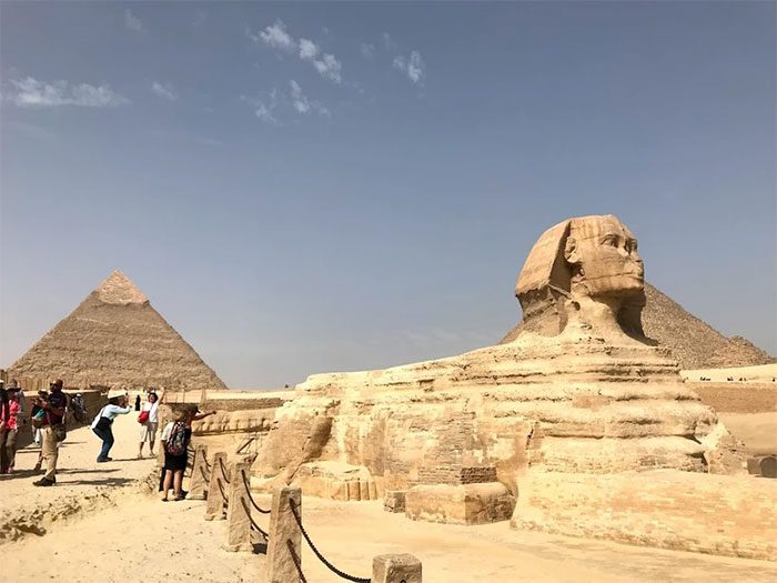 The Great Sphinx has been partially eroded by time.