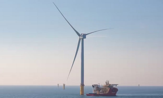 A wind turbine at the Dogger Bank wind farm in the North Sea.