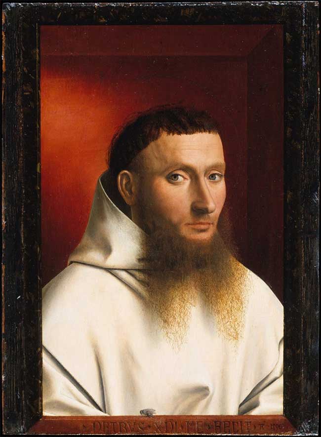 Artist Petrus Christus painted a fly resting on the ledge in front of the character.