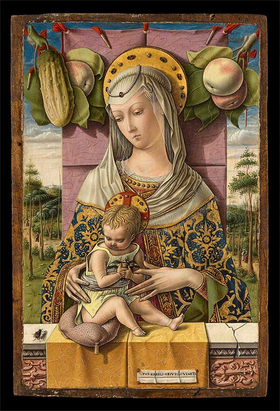 In Carlo Crivelli's painting, a fly rests on the ledge, capturing the character's attention.
