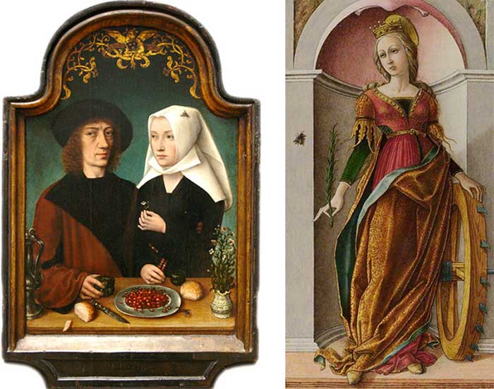 Works by Verena Vickers (left) and Carlo Crivelli (right) featuring a fly on a hat and wall.
