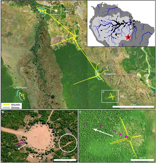 Locations of Kuikuro villages and archaeological sites noting the presence of Amazon dark earth.