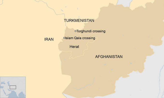 Location of Herat province in western Afghanistan, bordering Iran and Turkmenistan.