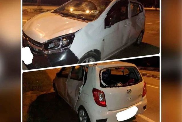 The damaged vehicle after the incident.