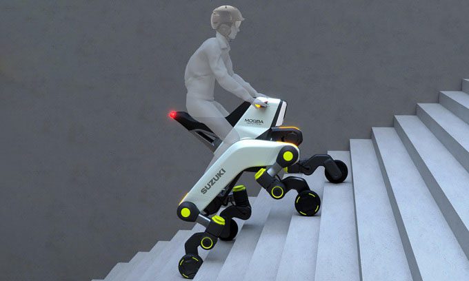The flexible four-legged design allows the MOQBA motorcycle to climb stairs.