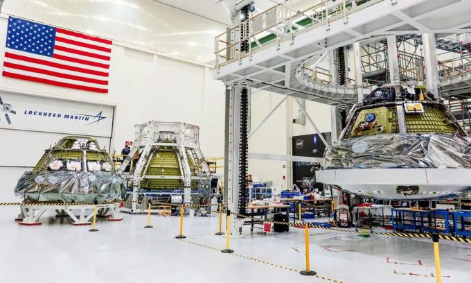 Orion spacecraft for the Artemis II, III, and IV lunar missions (left to right)