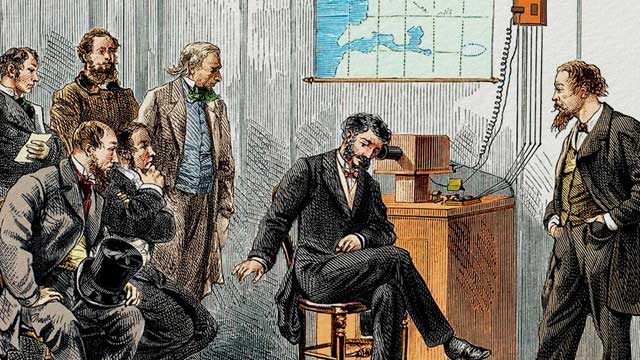 Scientist Alexander Graham Bell during the telephone experiment in 1877.