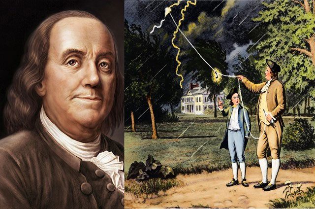 Benjamin Franklin with his son during the kite experiment, the origin of the lightning rod.