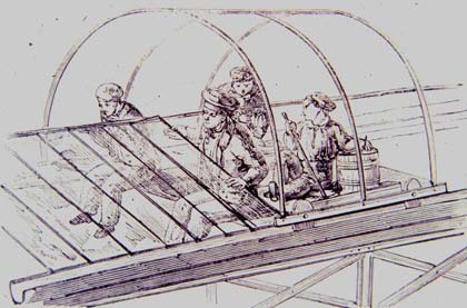 Hand-pushed carts used as gutters for transporting people and materials, reducing the need for scaffolding for glass installers