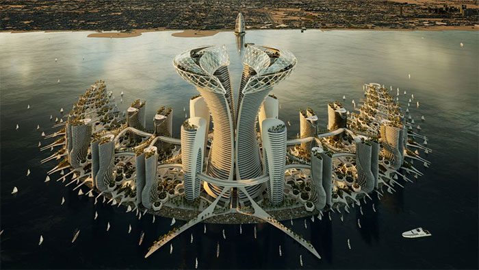 The island center is marked by a skyscraper covering up to 1,000,000m2