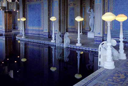 The green tiles and gold accents of the indoor pool sparkle like the throne room of the Byzantine Empire.