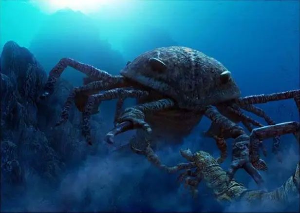 The most prominent feature of the giant sea scorpion is its two sharp claws used for catching prey.