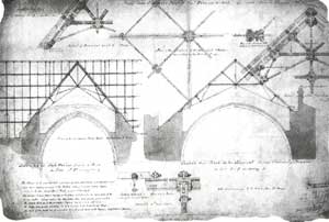 Construction drawing showing the structure of the iron framework supporting the roof of St Stephen's Hall.