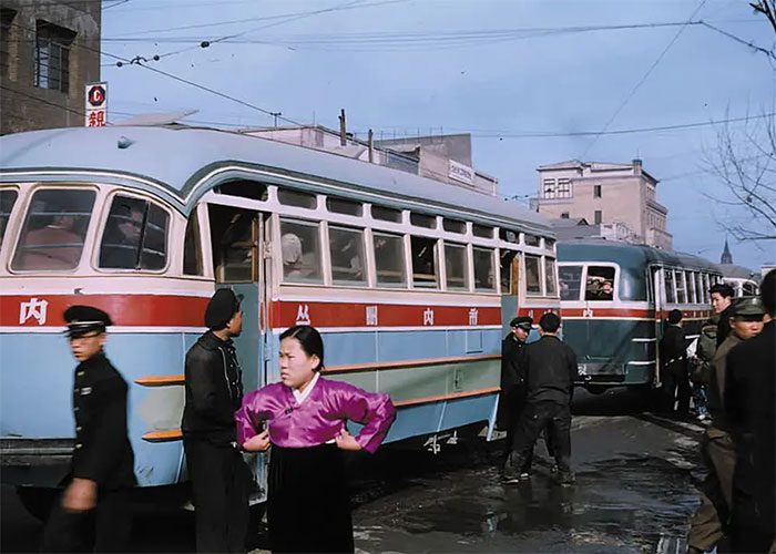 Seoul bus station with vintage buses