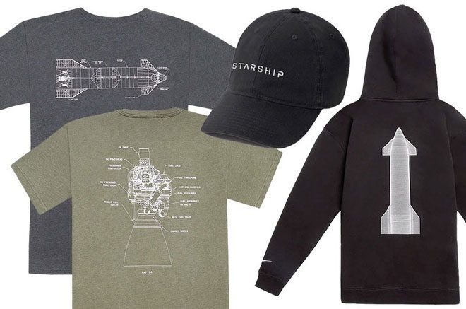 Merchandise including T-shirts and hats commemorating the Starship launch.