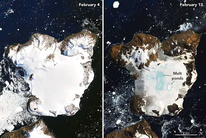 Changes in ice levels on an island near Antarctica over nearly 10 days in 2020.