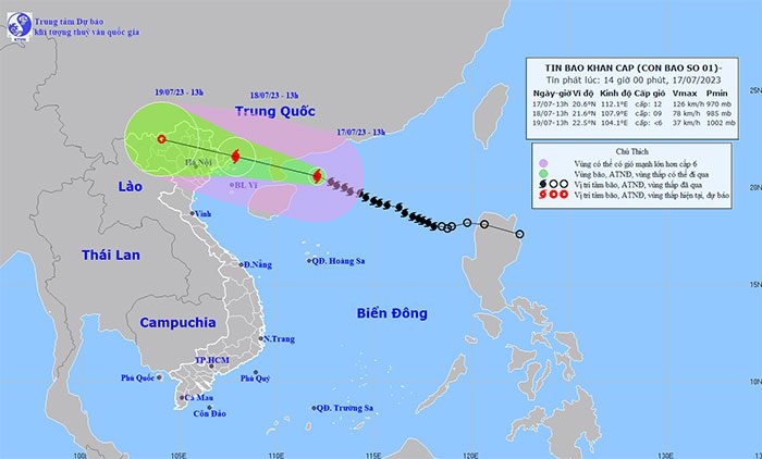 Typhoon No. 1's position and direction of movement.