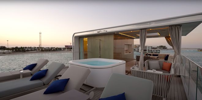 The back of the floating villa has a hot tub on the rooftop balcony.
