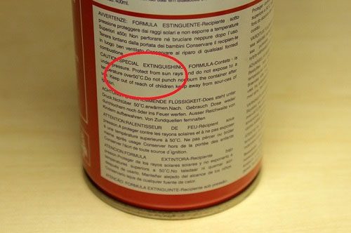 Manufacturer warnings about safe temperature factors on fire extinguishers.