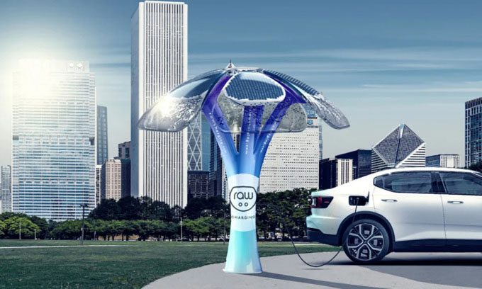 SolarBotanic Trees collaborates with Raw Charging to install electric vehicle charging trees.