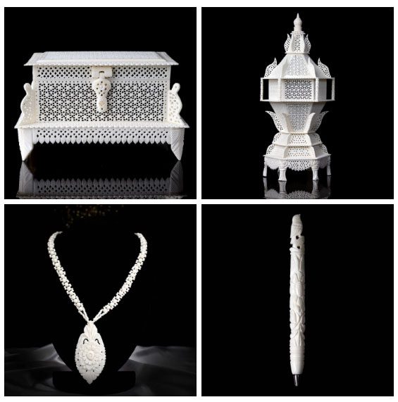 Various products made from bone such as chests, lamps, jewelry, pens,...
