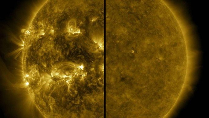 The Sun in its explosive phase (left) and calm phase in the 11-year cycle