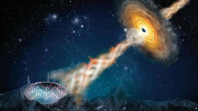 Graphic depicting a black hole transmitting a strange signal to the FAST system