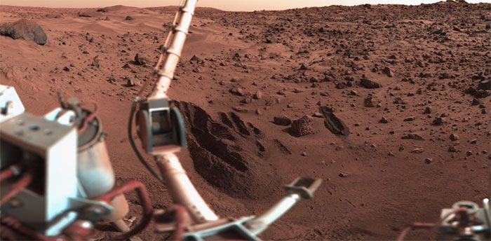 NASA's Viking 1 lander captured this image of the surrounding sand dunes and rocks