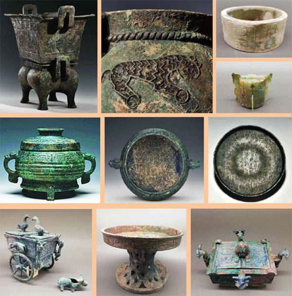 Some bronze and stone items found in the tomb complex.