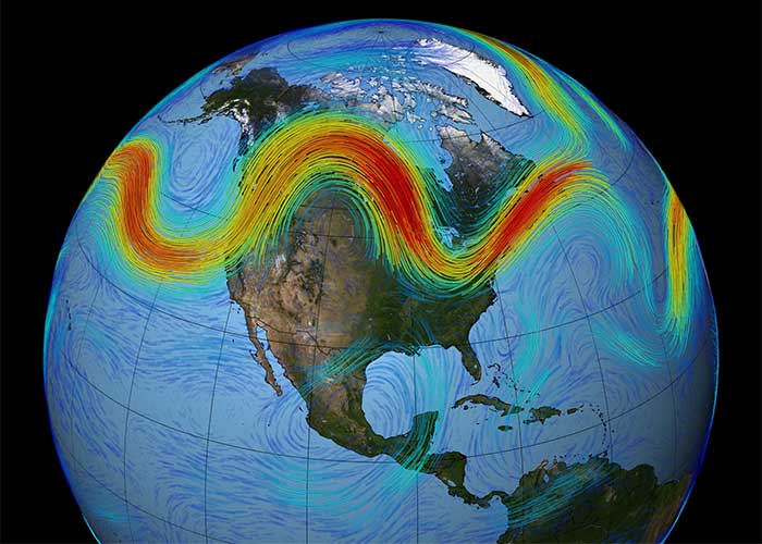 Jet streams (in red) cause various weather phenomena on the Earth's surface