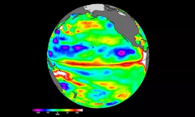 Data shows higher and warmer sea surface temperatures at the equator and the western coast of South America.
