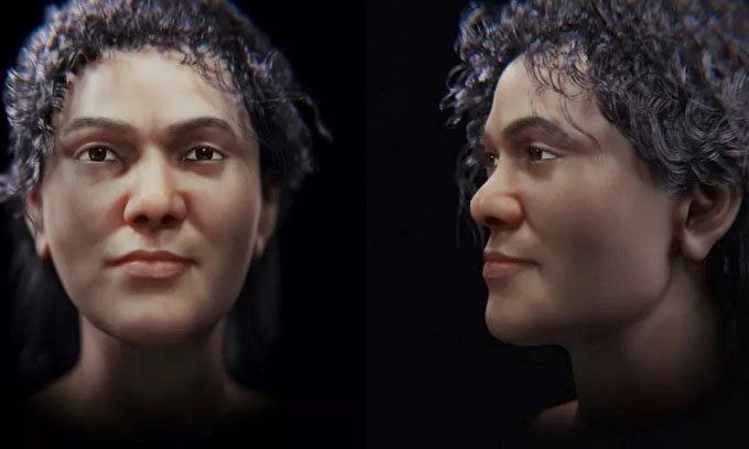 Reconstructed face of a woman who lived 45,000 years ago.