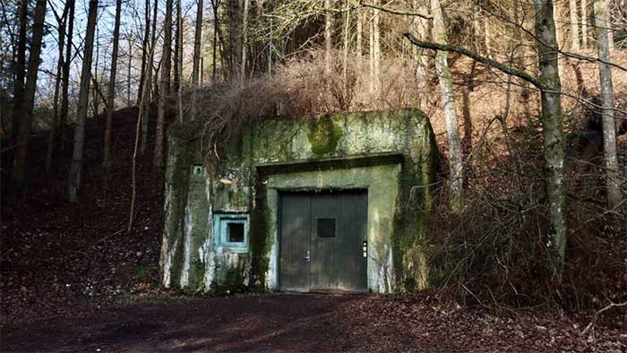 Weathered concrete doorway, now covered in moss.