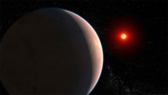 Simulation of the planet GJ 486 b orbiting a red dwarf star outside the Solar System.