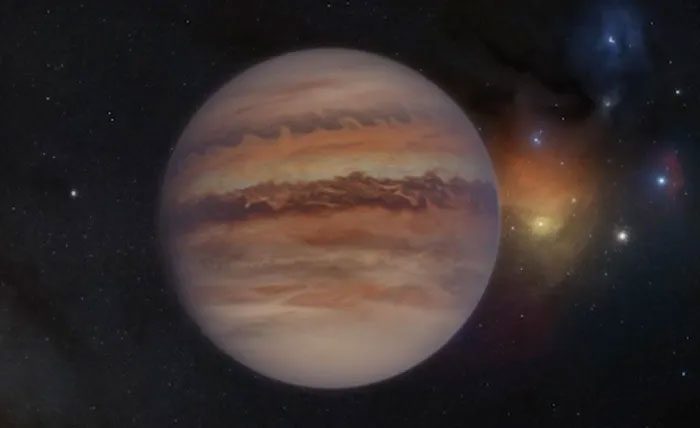 Illustration of a rogue planet in the Rho Ophiuchi star cluster.