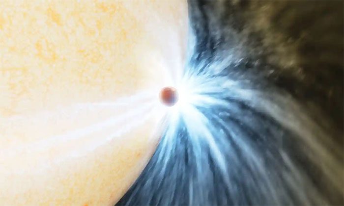An illustration of a planet at the end of its life sliding past the surface of its host star.