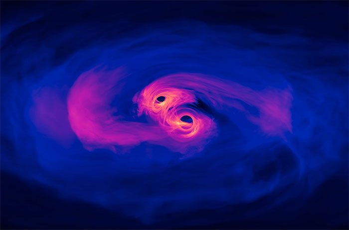 Simulation of two black holes colliding and merging into one.