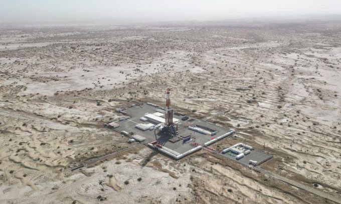 Aerial view of the deep drilling site in the Taklamakan Desert