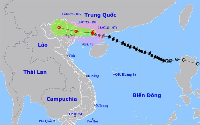 Forecast path and affected area of the storm at 7 AM on July 18.