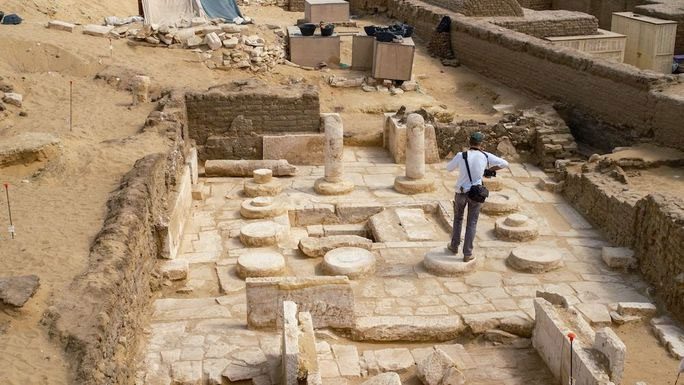 The recently uncovered ancient temple area with intact foundational structures