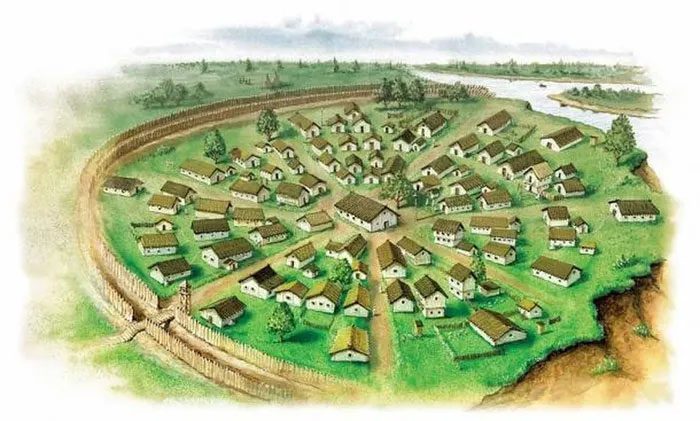 This site features a village surrounded by two large circular stone walls.
