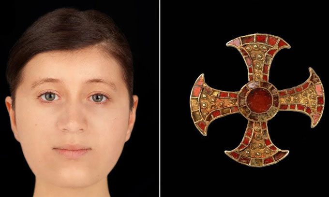 Reconstructed face of the 16-year-old girl with the Trumpington cross.
