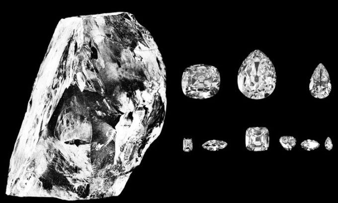 Cullinan rough diamond and 9 gemstones derived from it.