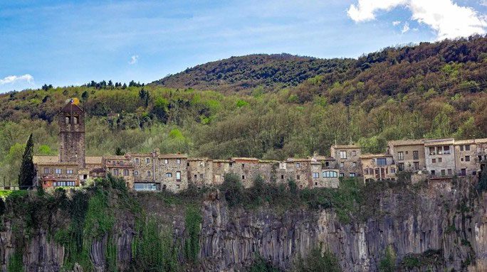 The houses of Castellfollit de la Roca on the cliff in Spain.