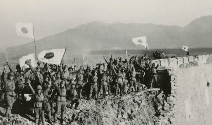 Japanese soldiers celebrating after capturing Nanjing, China