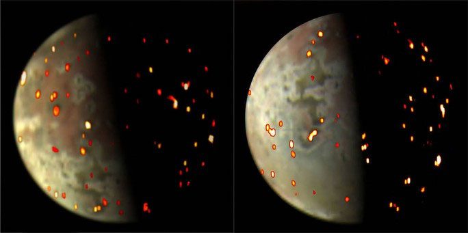 Red flames erupting across Io in JIRAM's image