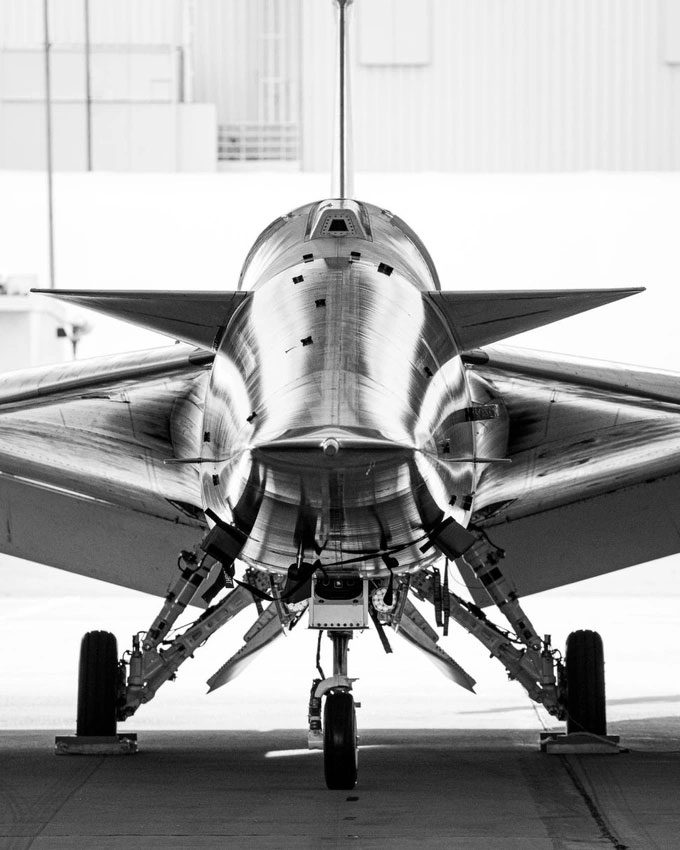 Frontal view of the X-59 supersonic aircraft.